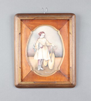 Ran Chaya Graetz, 20th Century oval watercolour, monogrammed and dated '84, study of a young lady holding a doll beside a bike, 23cm x 17cm 