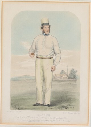 Of cricketing interest, John Corbet Anderson (British 1827-1907), lithograph, Sketches at Lords, Clarke, Slow Bowler of Nottingham, Secretary to the All England Eleven, No.12, 21cm x 15cm 