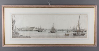 19th Century watercolour unsigned, a view of Plymouth Harbour with boats in sail and moored, painted on 4 separate sheets of paper, framed as one 26cm x 83cm 