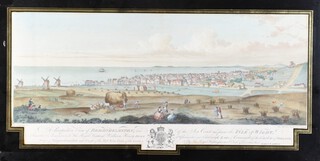 Jas Lambert, 19th Century coloured engraving, "Lamberts Correct View of Brighthelmston in 1765", perspective view of Brightonhelmston and of the sea coast as far as the Isle of Wight, in an eglomise mount 27cm x 60cm 