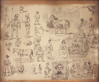 19th Century pen and ink drawing, indistinctly signed and dated 1845, cartoon studies of people and horses 25cm x 13.5cm 