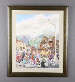 Oliver Passingham (British 1925-2003) watercolour signed, an amusing view of Arundel with figures at pursuits 51cm x 41cm 