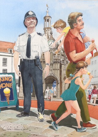 Oliver Passingham (British 1925-2003) watercolour signed, an amusing view of Chichester with policeman and tourists 35cm x 29cm 