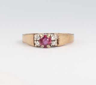 A 9ct yellow gold ruby and diamond ring, the brilliant cut ruby 0.25ct, the 6 brilliant cut diamonds 0.07ct, size N, 3 grams 