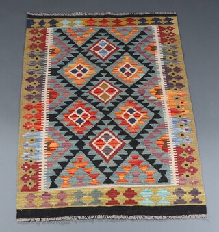 A black, blue and orange ground Maimana Kilim rug with overall geometric design 143cm x 100cm 