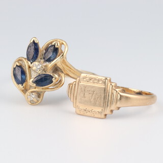 A 9ct yellow gold signet ring size K 1.9 grams and a 14ct sapphire and diamond ring size N, 2.3 grams