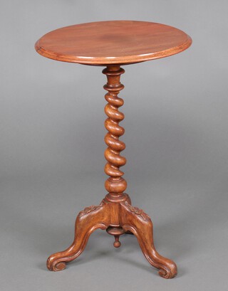 A Victorian circular turned walnut occasional table, raised on a spiral turned column with tripod base 74cm h x 47cm diam. 