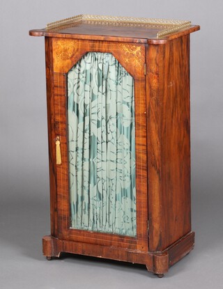 A Victorian inlaid walnut music cabinet with brass 3/4 gallery, the shelved interior enclosed by a glazed panelled door 93cm h x 57cm w x 38cm d 