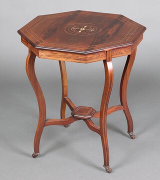 A Victorian octagonal inlaid rosewood 2 tier occasional table, raised on ceramic casters 68cm h x 60cm w x 61cm d 