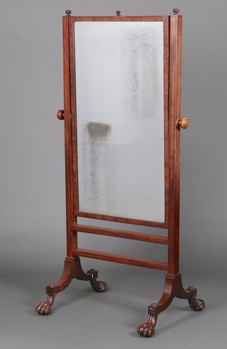 A Victorian rectangular plate cheval mirror contained in a mahogany frame raised on paw feet 160cm h x 79cm w x 58cm d 