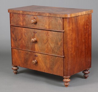 A 19th Century Continental walnut chest with quarter veneered top, fitted 3 long drawers, raised on bun feet 86cm h x 99cm w x 52cm d 