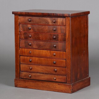 A Victorian mahogany collectors chest with crossbanded top, fitted 8 shallow drawers, raised on a platform base 63cm h x 55cm w x 31cm d 