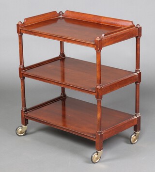 An Edwardian rectangular mahogany 3 tier tea trolley with 3/4 gallery 80cm h x 68cm w x 42cm d 