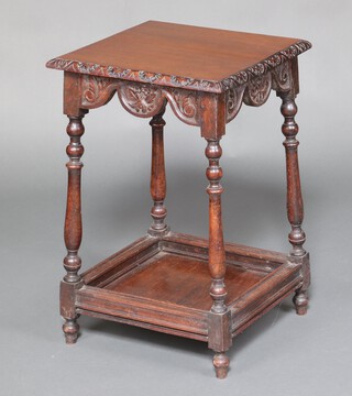 A Victorian square carved oak 2 tier occasional table, raised on turned supports 71cm h x 45cm w x 45cm d 