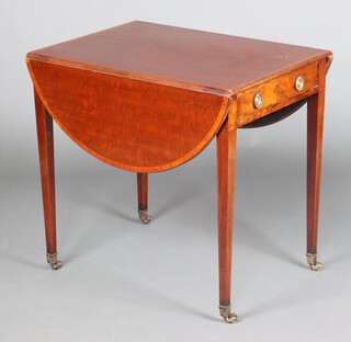 A 19th Century oval crossbanded mahogany Pembroke table fitted a drawer, raised on square tapered supports with brass caps and casters 71cm h x 75cm w x 56cm d