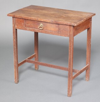 An 18th Century oak side table, fitted a frieze drawer, raised on square supports with H framed stretcher 76cm h x 48cm 
