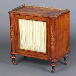 A Victorian inlaid figured walnut music cabinet with brass 3/4 gallery, fitted a shelf enclosed by a glazed panelled door, raised on bun feet 66cm h x 61cm w x 36cm d (reduced in height) 