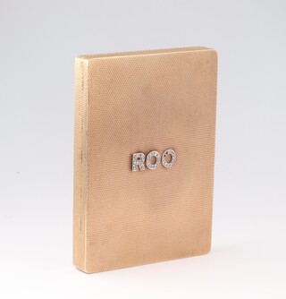 An Art Deco 9ct yellow gold engine turned rectangular cigarette case stamped The Belvoir with diamond set "ROO" on the cover (lacking 2 diamond chips), 8cm x 6cm, Birmingham 1932, maker B H Britton & Sons 98.3 grams gross 