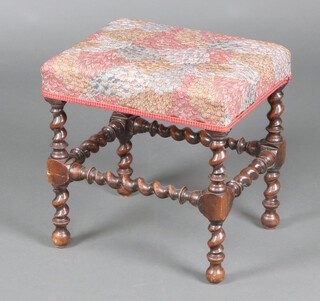 A Victorian 17th Century style rectangular mahogany stool, raised on spiral turned supports and stretchers 47cm h x 47cm x 35cm d 