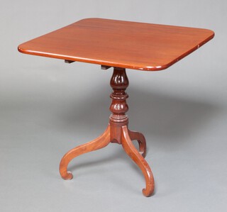 A 19th Century square mahogany snap top tea table, raised on a bulbous column and tripod base 76cm h x 79cm w x 77cm d 
