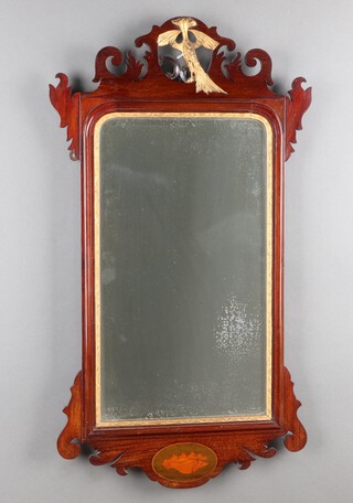 A Chippendale style bevelled plate mirror contained in a pierced and carved mahogany frame with gilt eagle surmount, the base inlaid a shell 91cm  x 51cm 