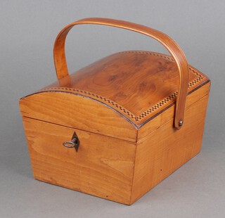 A Victorian arch shaped inlaid yew trinket box with carrying handle, the top inlaid chequer banding 13cm x 17cm x 18cm 