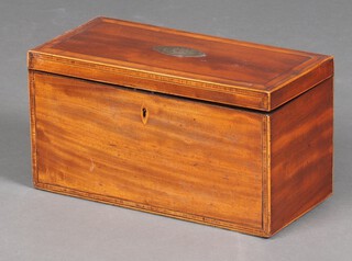 A rectangular Georgian inlaid and crossbanded mahogany twin compartment tea caddy with hinged lid 16cm h x 31cm w x 15cm d 