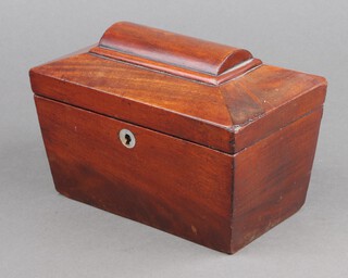 A 19th Century mahogany tea caddy of sarcophagus form with mother of pearl escutcheon 12cm x 20cm x 11cm 