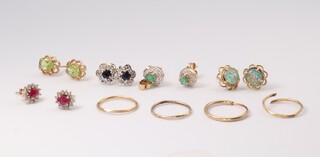 A pair of 9ct yellow gold emerald and diamond ear studs, a ditto ruby and diamond, 5 other pairs of ear studs, gross weight 6.4 grams 