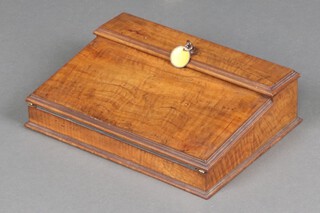 A Victorian olive wood writing slope, the hinged lid fitted 2 glass ink wells with olive wood mounts, also fitted a ruler and with blue plush slope 8cm h x 33cm w x 25cm d 