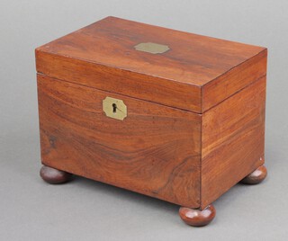 A 19th Century rectangular rosewood twin compartment tea caddy with hinged lid, brass escutcheon, raised on bun feet 14cm x 18cm x 11cm 