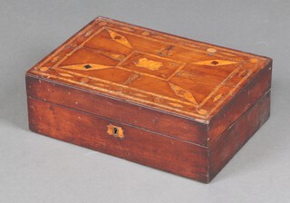A 19th Century rectangular inlaid mahogany writing slope with hinged lid, the top with geometric inlay and fitted interior 13cm x 38cm x 26cm 