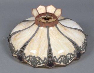 A "slag glass" and bronzed metal light shade, in the style of the American Connecticut firm Handel  27cm x 57cm 