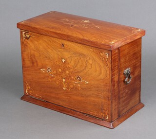 An Edwardian inlaid mahogany stationery writing slope with fall front revealing a stepped fitted interior, aide memoire slate and red leather writing surface 25cm h x 34cm w x 17cm d 