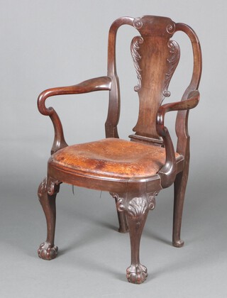 A Georgian mahogany slat back carver chair with upholstered seat, raised on cabriole ball and claw supports with shell carved knees 98cm h x 57cm w x 46cm d  