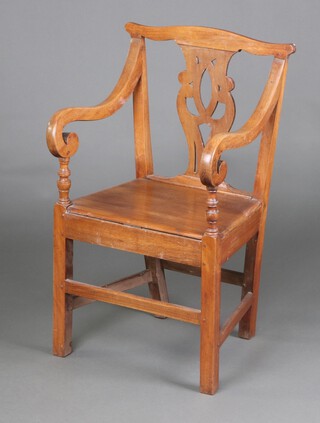 An 18th Century mahogany open arm carver chair with pierced vase shaped slat back and solid seat, raised on square supports 92cm h x 54cm w x 44cm d (seat 26cm x 28cm) 