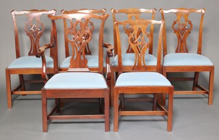 A set of 6 19th Century bleached mahogany Chippendale style slat back dining chairs - 1 carver 100cm h x 60cm w x 50cm d (seat 33cm x 33cm), 5 standard 96cm h x 53cm w x 44cm d (seats 28cm x 28cm) with upholstered seats, raised on square supports with H framed stretchers 
