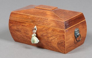 A Georgian inlaid rosewood sarcophagus shaped tea caddy with lion mask ring drop handles and ivory escutcheon, later converted to a trinket box 17cm h x 30cm w x 15cm d Ivory Exemption Certificate LUBRHP3C