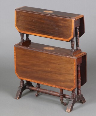 An Edwardian inlaid and crossbanded mahogany 2 tier Sutherland table 75cm h x 60cm x 15cm 