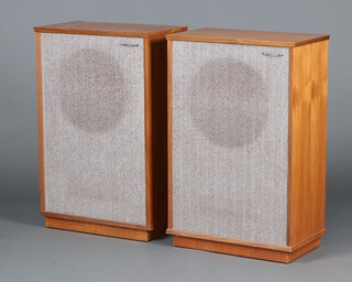 A pair of 1970's Tannoy Monitor Gold 15? LSU/HF/15/8 speakers fitted in teak Lancaster cabinets, serial numbers 133913 and 133316, inspection labels to reverse, in original Tannoy padded boxes, collection of extra Tannoy badges, 84 cm h 