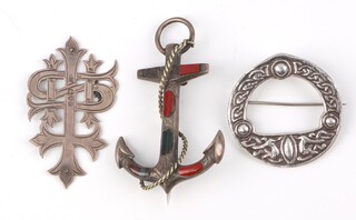 A Victorian silver and hardstone brooch in the form of an anchor 6cm, a silver monogram and  a silver brooch 