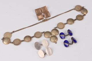A silver gilt coin necklace 40cm and 3 pairs of cufflinks 