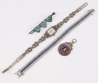 A paste set Art Deco bracelet 18cm, a marcasite watch, fob and bar brooch 