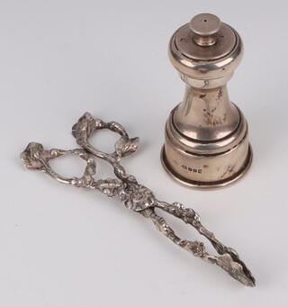 A pair of Victorian silver grape scissors with rubbed marks together with a silver pepper mill, rubbed date letter 9cm 