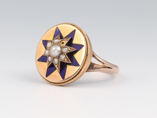 A Victorian 9ct yellow gold blue guilloche enamel and seed pearl ring, size N, 4.3 grams 
