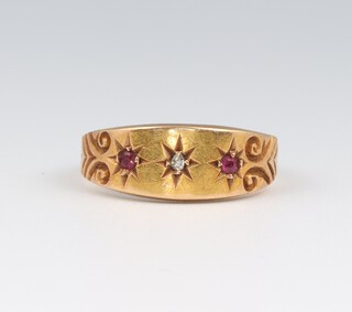 A Victorian 18ct yellow gold ruby and diamond ring, size J, 2 grams 