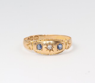 A Victorian 18ct yellow gold amethyst and diamond ring, size N, 1.9 grams 
