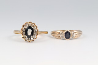A 9ct yellow gold sapphire and diamond cluster ring size P and an oval ditto size R, 4.1 grams 