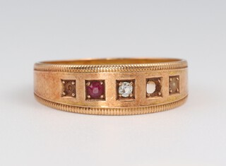 A Victorian 15ct yellow gold ruby and diamond ring, size O, 2.26 grams