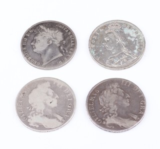 A William III half crown 1696, a George II half crown 174, a George III half crown 1821 and a Victoria half crown 1887